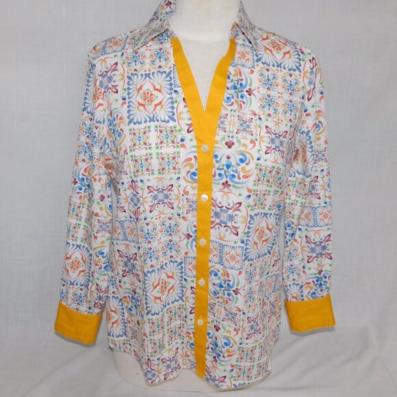 Foxcroft Womens 6 Alexis Watercolor Mosaic  Multicolor No Iron Button  Shirt - Picture 2 of 13